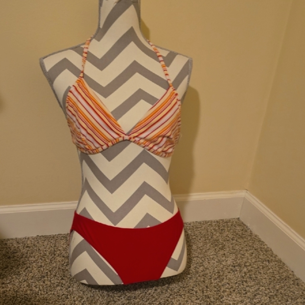 Tommy Hilfiger Striped Halter Bikini Top and Red Bottom Size Medium